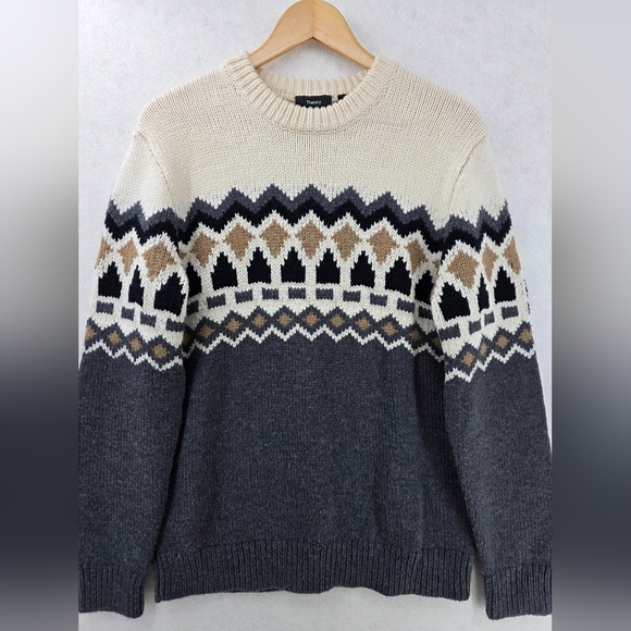 Theory Chunky Knit 100% Wool Sweater Women's Size Small Cream Gray Black Brown - Picture 2 of 9